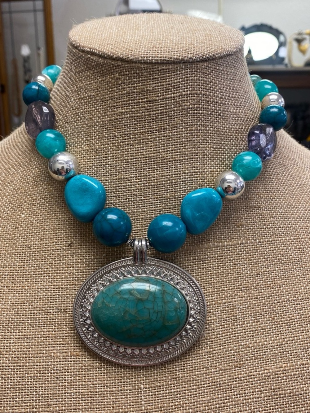 Faux Turquoise Beaded Statement Necklace with Oval Pendant - Unbranded